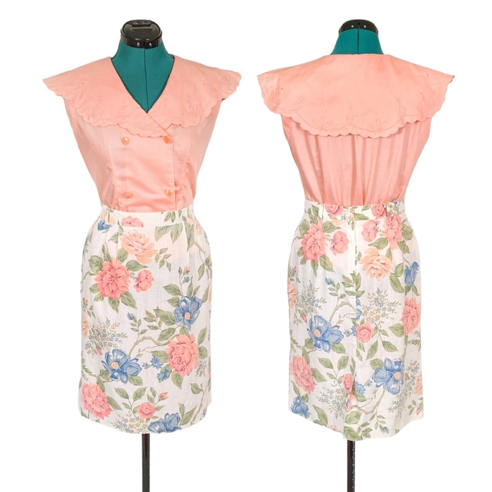 1980s Embroidered Cape Blouse Shirt & Floral Linen Skirt Set Jaclyn Smith Pink - Picture 1 of 10